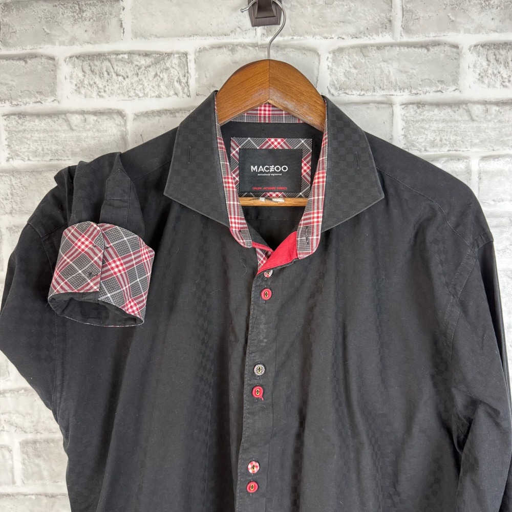 Maceoo Black Italian Jacquard Cotton Button Down Shirt Mens 2XL Plaid Trim